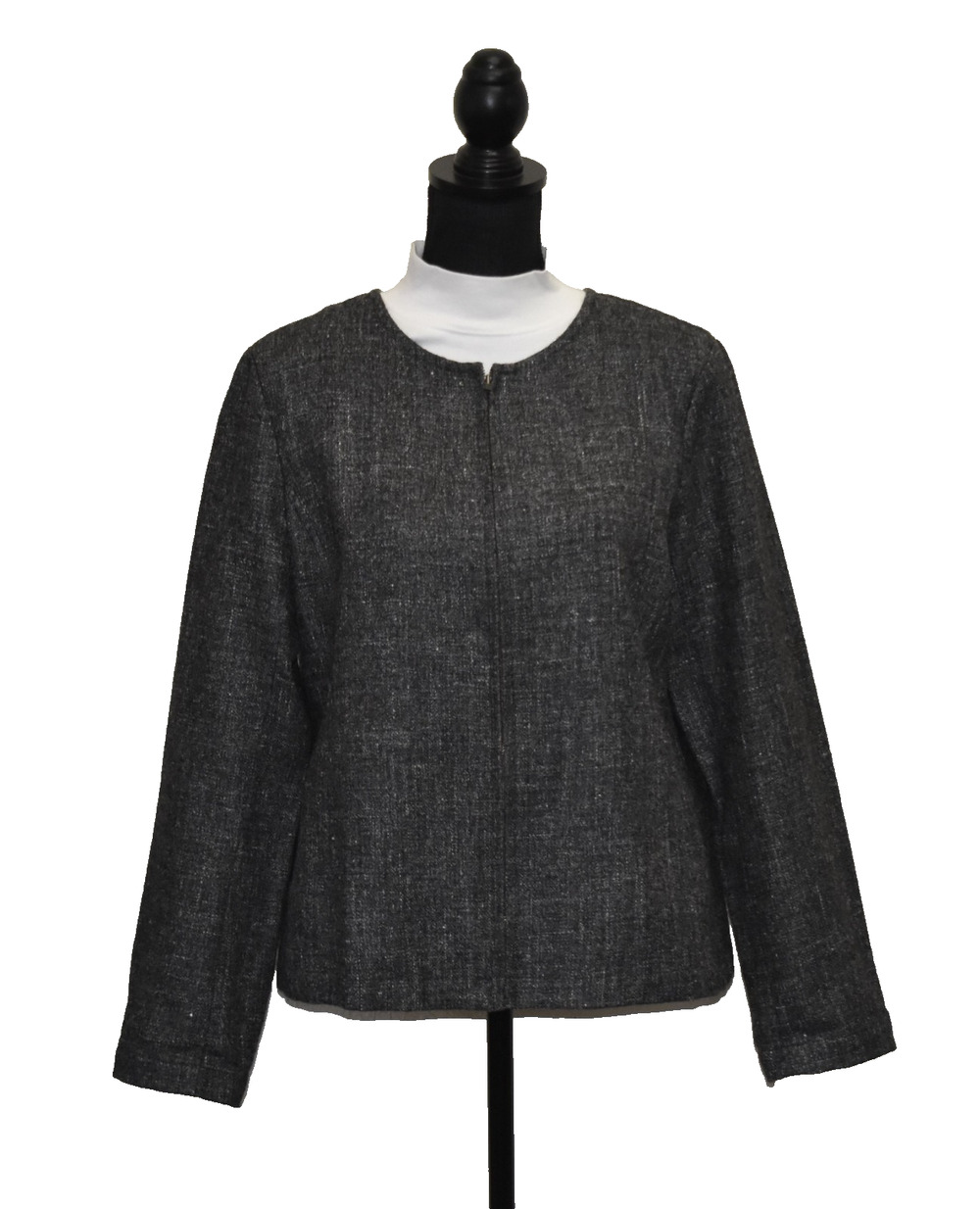 A6 Auth EILEEN FISHER Charcoal/Gray Wool & Hemp Tweed Full Zip Jacket Size M